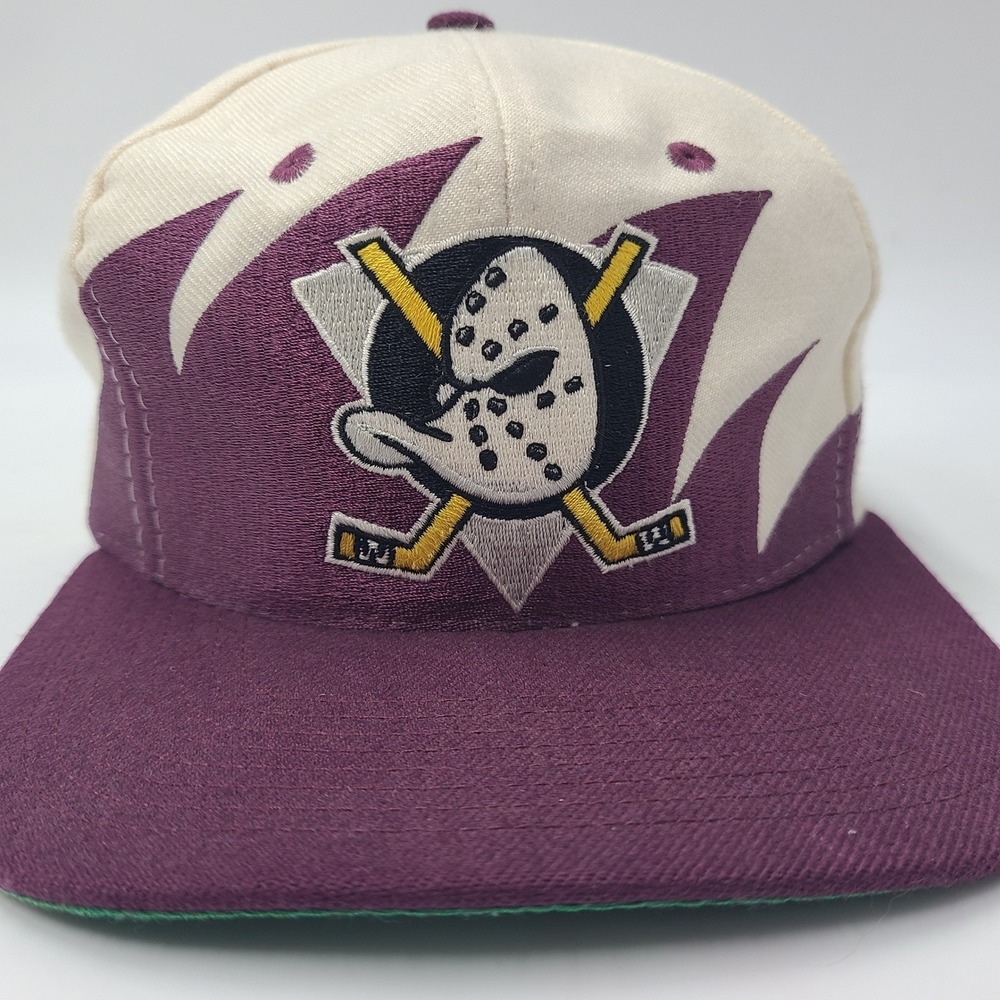 Vintage Anaheim Mighty Ducks Hat Snapback Logo Athletic Purple Cream Sharktooth - Picture 3 of 15